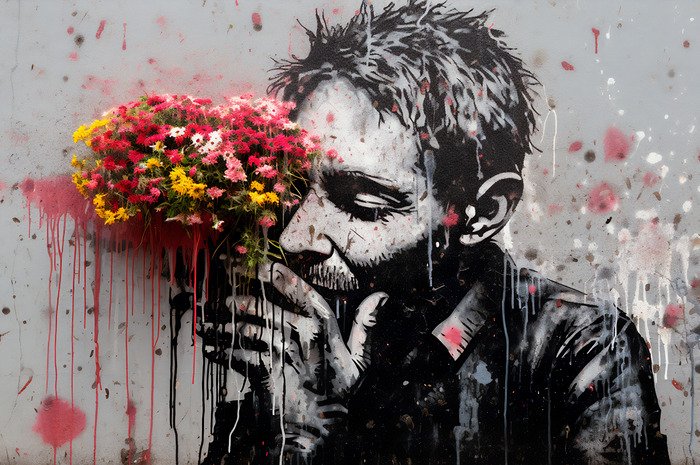 Graffiti met een man en echte bloemen