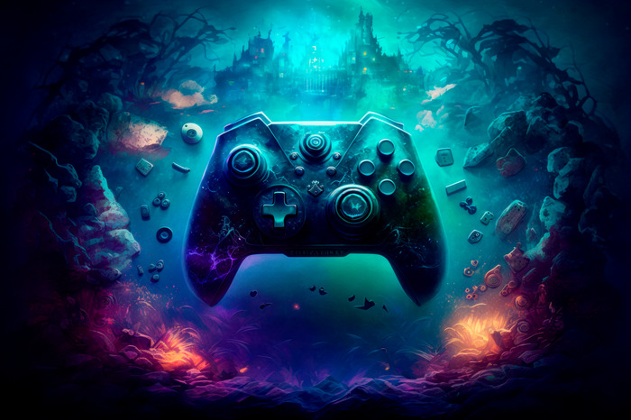 Gamepad en een donkere fantasiewereld