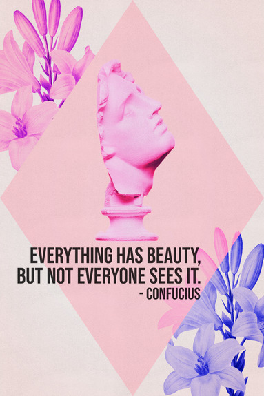 Beauty in the eyes - inspirational quote with pink bust and flowers