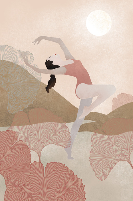 Danser en ginkgo-bladeren in pastelabstractie