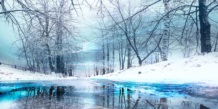 De rivier en het besneeuwde park