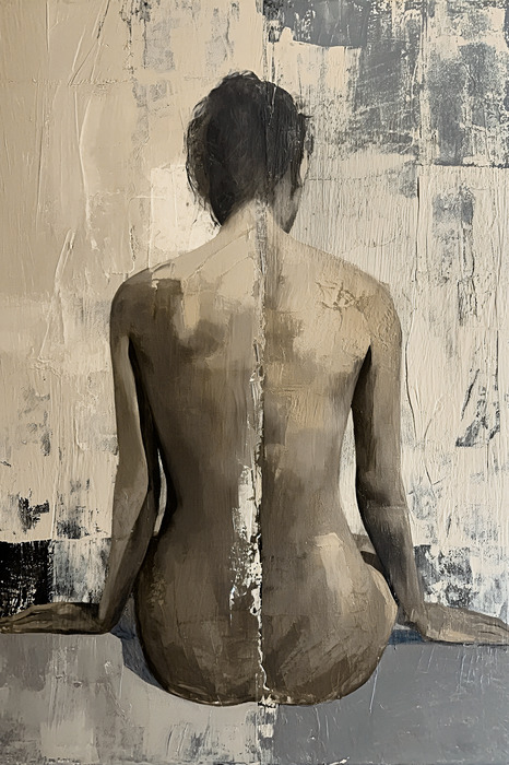 Een ingetogen naaktportret van een zittende vrouw, met het gezicht naar achteren.