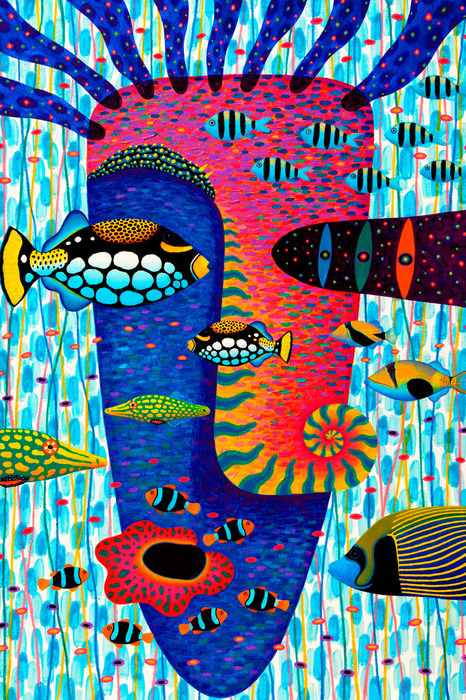 Kleurrijke abstractie met vissen en koraalrif