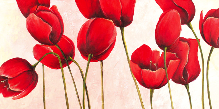 Een close-up schilderij van rode tulpen