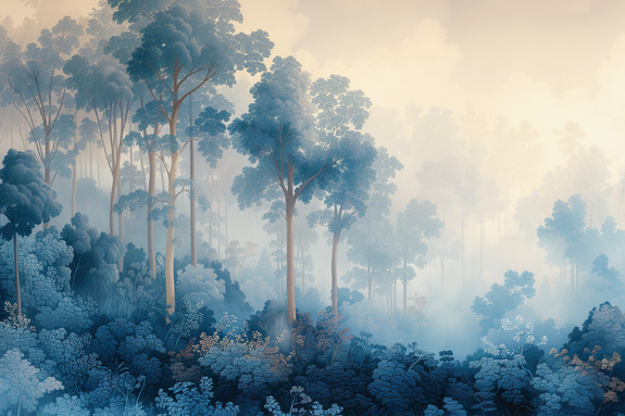 Landscape with trees in illustrative style fairy-tale blue forest