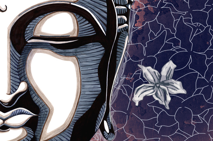 Illustratie van het gezicht van de boeddha tegen een bloemenachtergrond