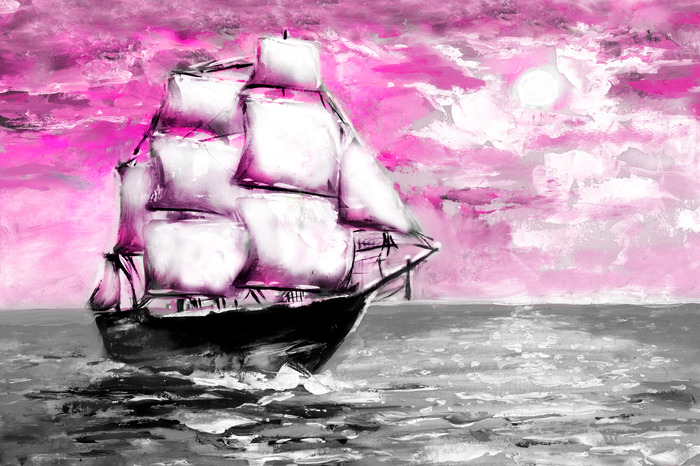 Een schip op kalm water tegen een roze-paarse lucht