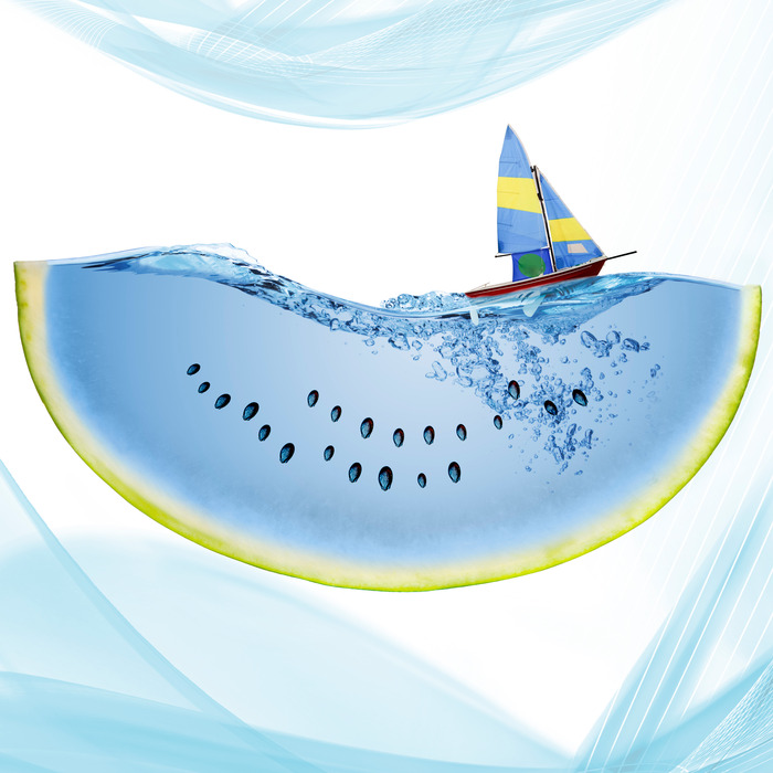 Abstracte watermeloen met een schip in blauw