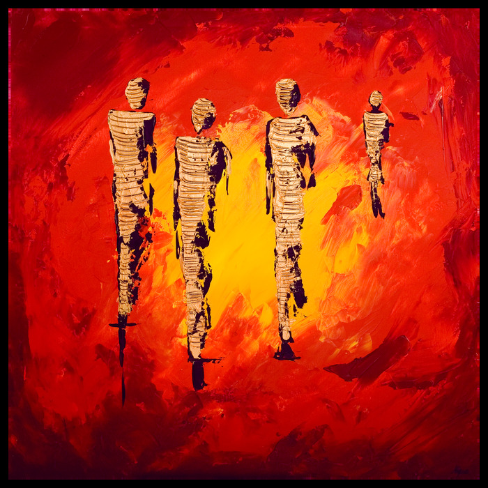 Abstracte, getextureerde silhouetten op een intense achtergrond