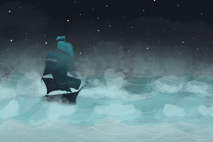 Een schip op zee 's nachts onder de sterren