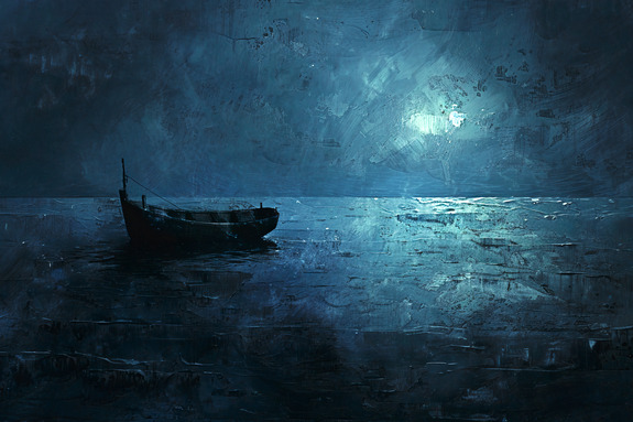 Schilderij van een boot op een meer in donkere tinten