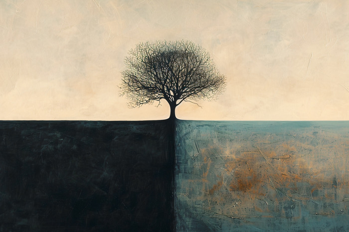 Surrealistisch landschap met een boom op een beige achtergrond