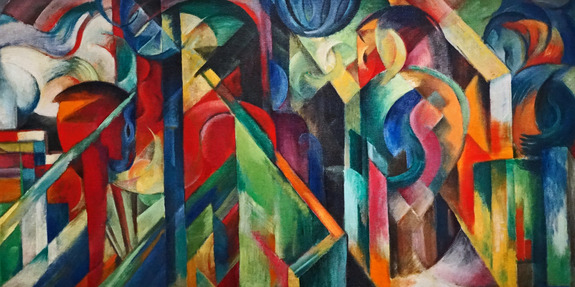 Reproductie van het abstracte schilderij de stallen van franz marc