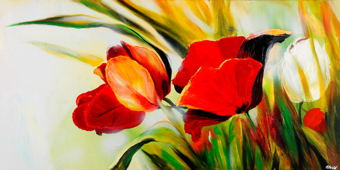 Schilderachtige tulpen in warme rode tinten