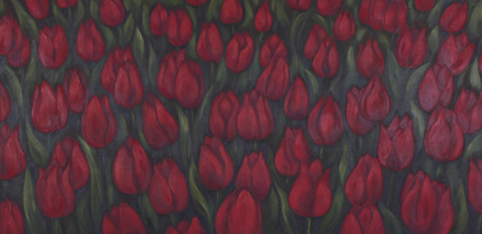 Een veld met donkerrode tulpen in schilderachtige stijl