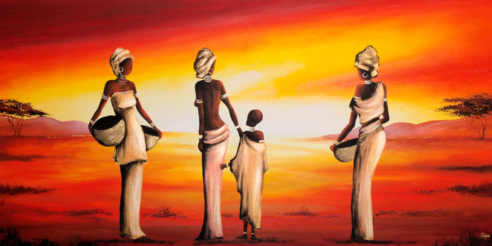 Vrouwen met een kind tegen de achtergrond van het afrikaanse westen