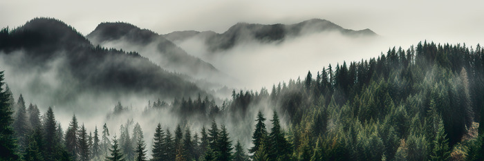 Bergbossen gehuld in mist