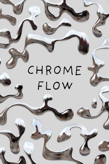 Verspreide vloeibare chroomvormen op een grijze achtergrond