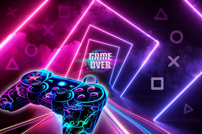 Controller in een cyberpunk-scène met neonlijnen