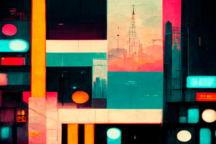 Een moderne compositie met een stadsmotief en neonlichten