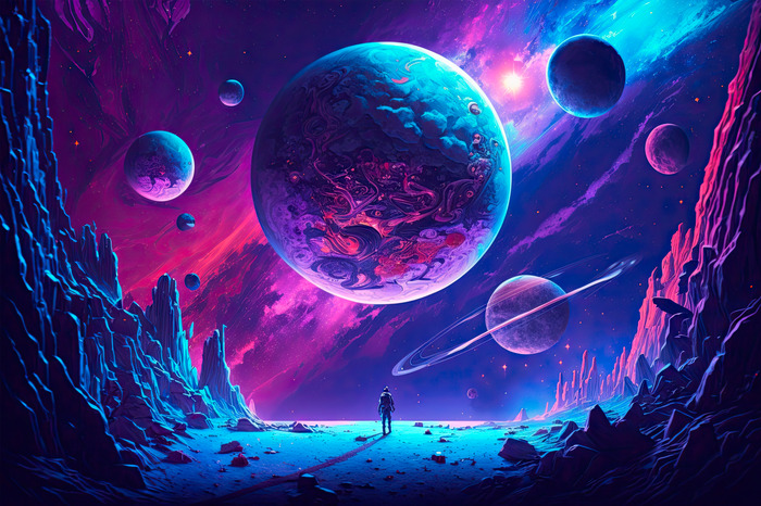 Abstracte man in de ruimte op een rotsachtige planeet