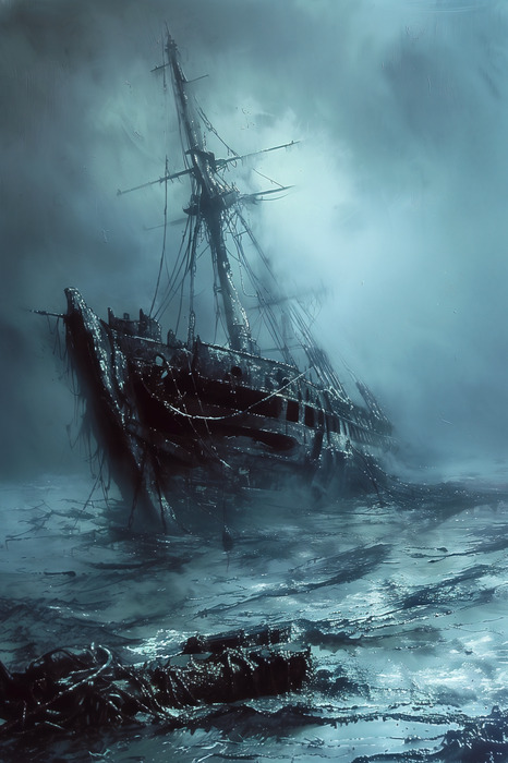 Verlaten schipbreuk op een schuimende zee