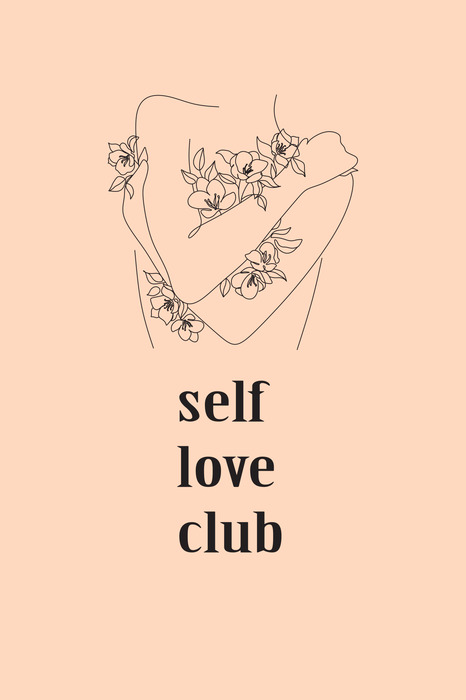 Een tekening van het silhouet van een vrouw met daarop de tekst "self love club".