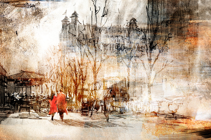 Een stel wandelt door de stad in een artistieke setting