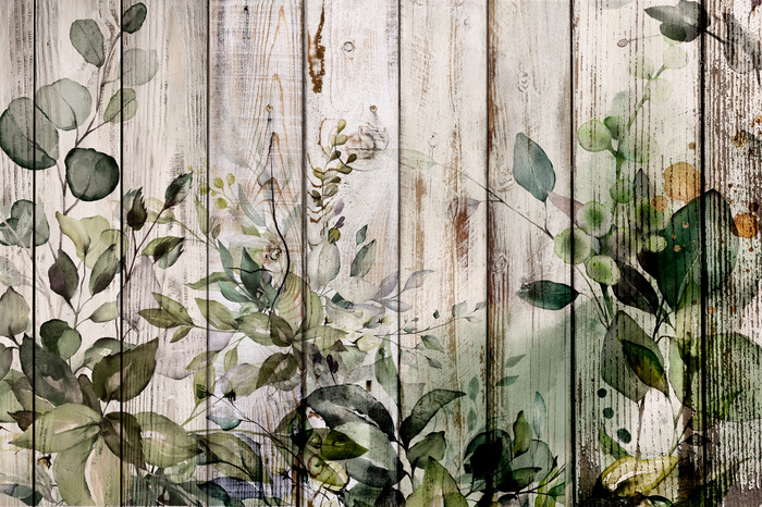 Een plantenpatroon op witgekalkte planken