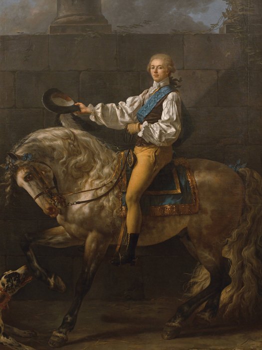 Een ruiter met een hoed tegen de achtergrond van muren