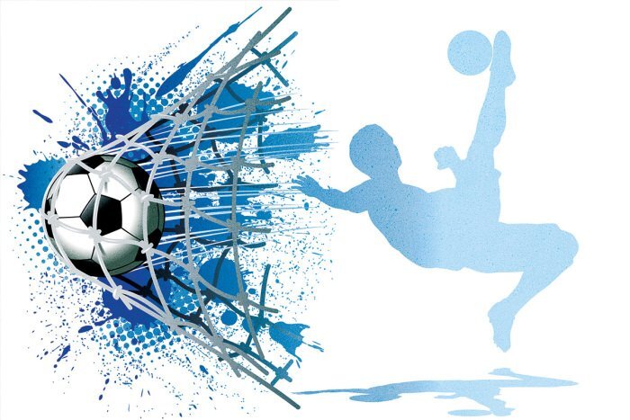 Een voetbal die het doel ingaat en de schaduw van de speler