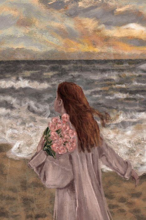 Portret van een vrouw met een boeket bloemen en een zee op de achtergrond