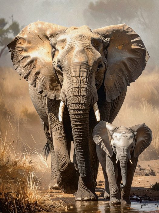 Tropische scène met een volwassen en een jonge olifant