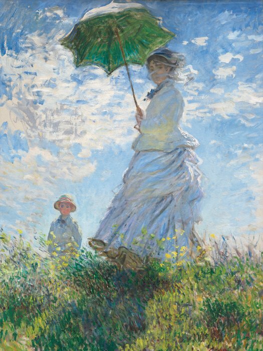 Schilderij van een vrouw met een paraplu en een jongen