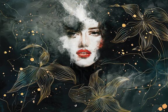 Portret van een vrouw omringd door gouden bloemen