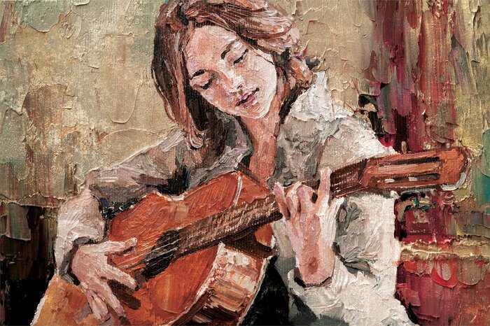 Vrouw met gitaar emoties in acryl