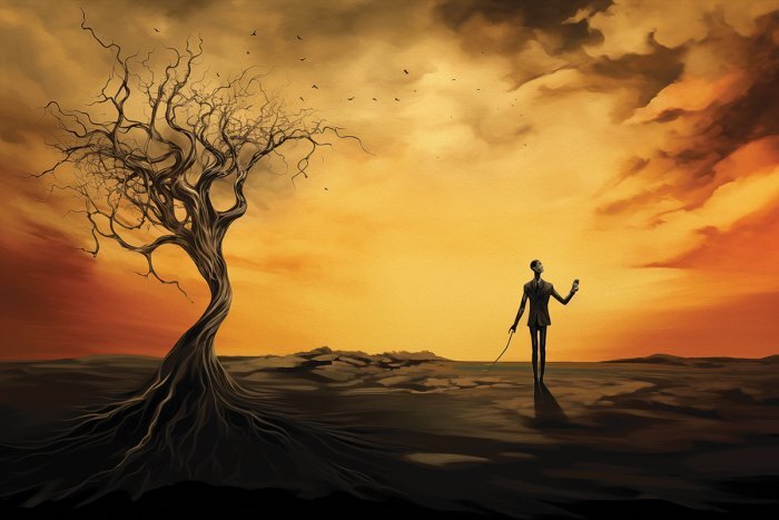 Een figuur met een staf in een surrealistisch landschap