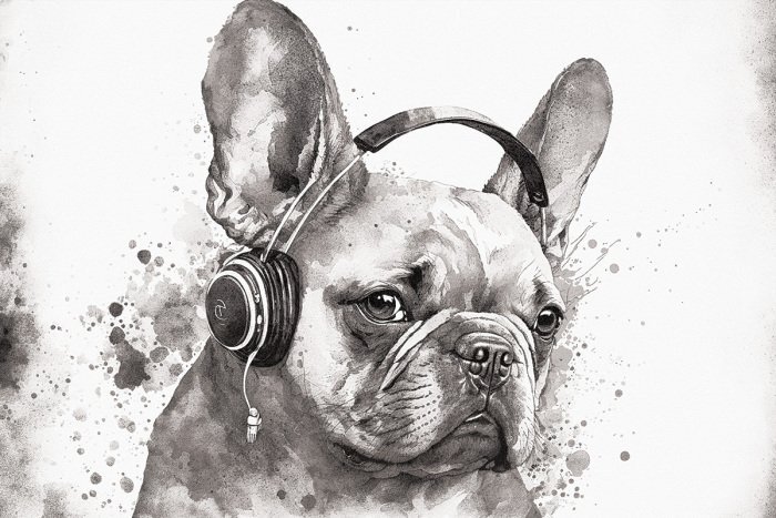 Een minimalistisch portret van een hond met een koptelefoon.