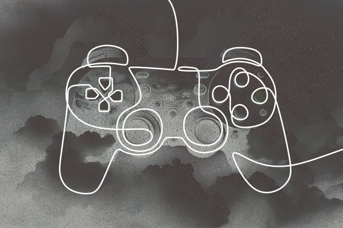 Schets van een gamecontroller met wolken op de achtergrond