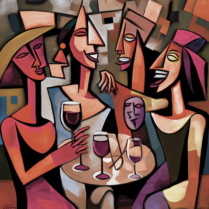 Een artistieke compositie van figuren en glazen wijn