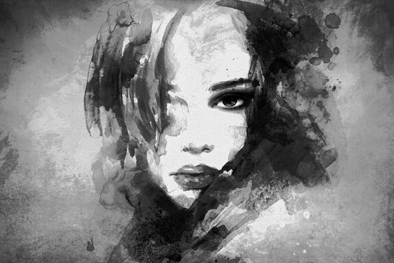 Elegant zwart-wit aquarelportret van een vrouw