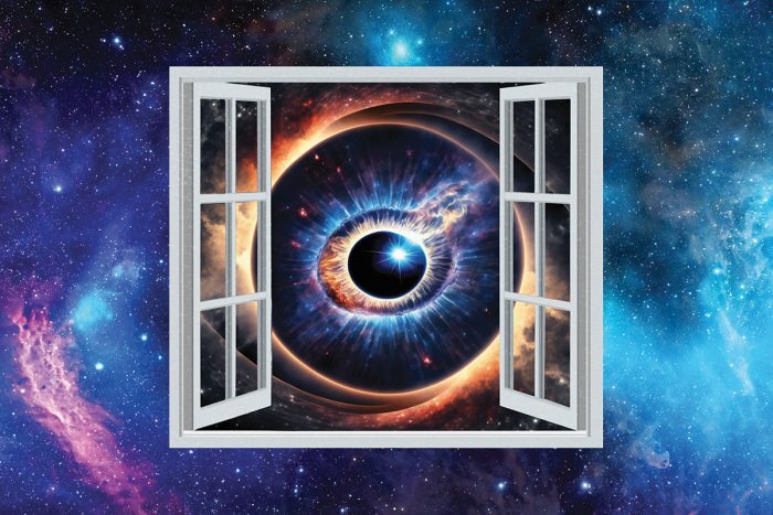 Een kosmisch oog in het open raam van sterrenstelsels