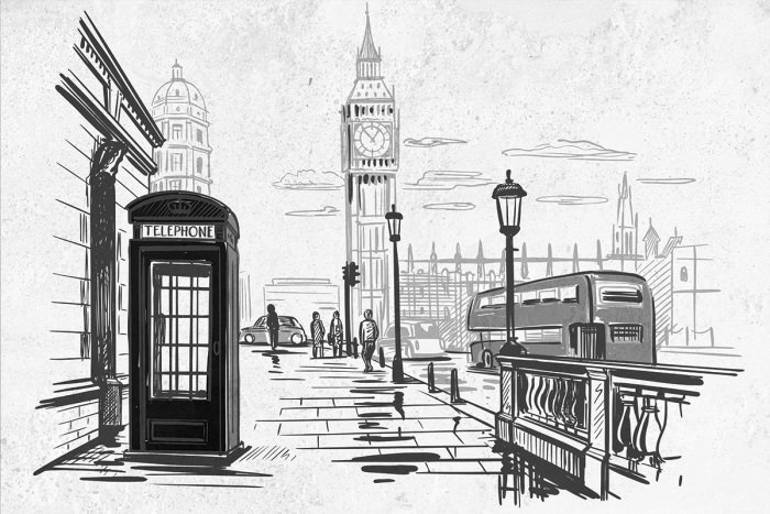 Een tekening van de stad londen met een telefooncelpictogram