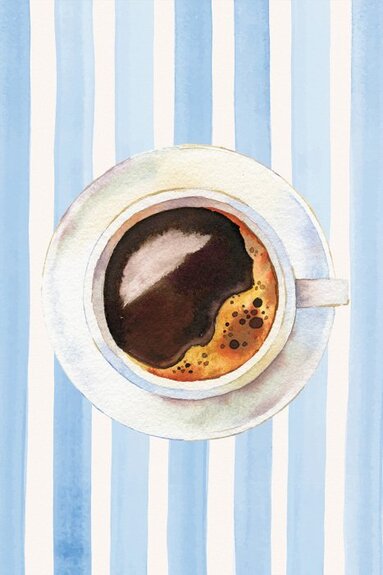 Een minimalistische kop zwarte koffie op een gestreepte achtergrond.