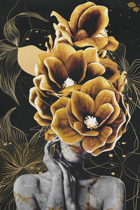 Gouden bloemenornament rond een portret van een vrouw