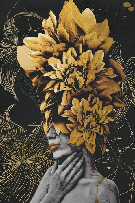 Vrouw in gouden bloemen abstract