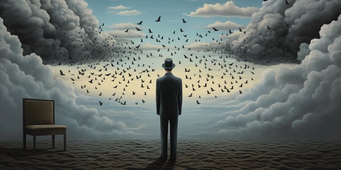 Een man met een zwerm vogels en een stoel op de achtergrond