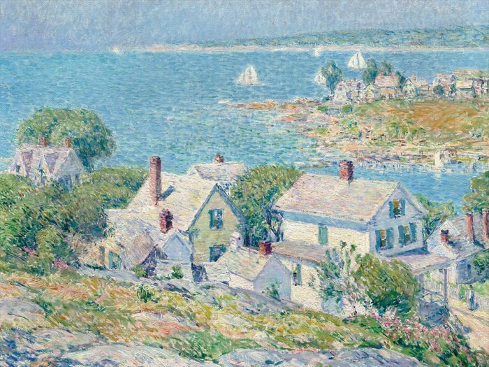 Een landelijke nederzetting met huizen en een bergpanorama