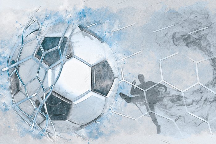 Voetbal die het doel binnenkomt, dynamische aquarel