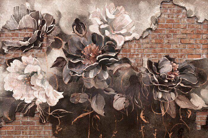 Aquarelcompositie van rozen met een bakstenen achtergrond